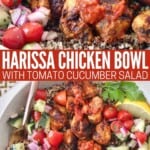 grilled chicken in bowl with quinoa and tomato cucumber salad