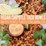 tofu taco crumbles in bowl with sliced avocado and fresh cilantro