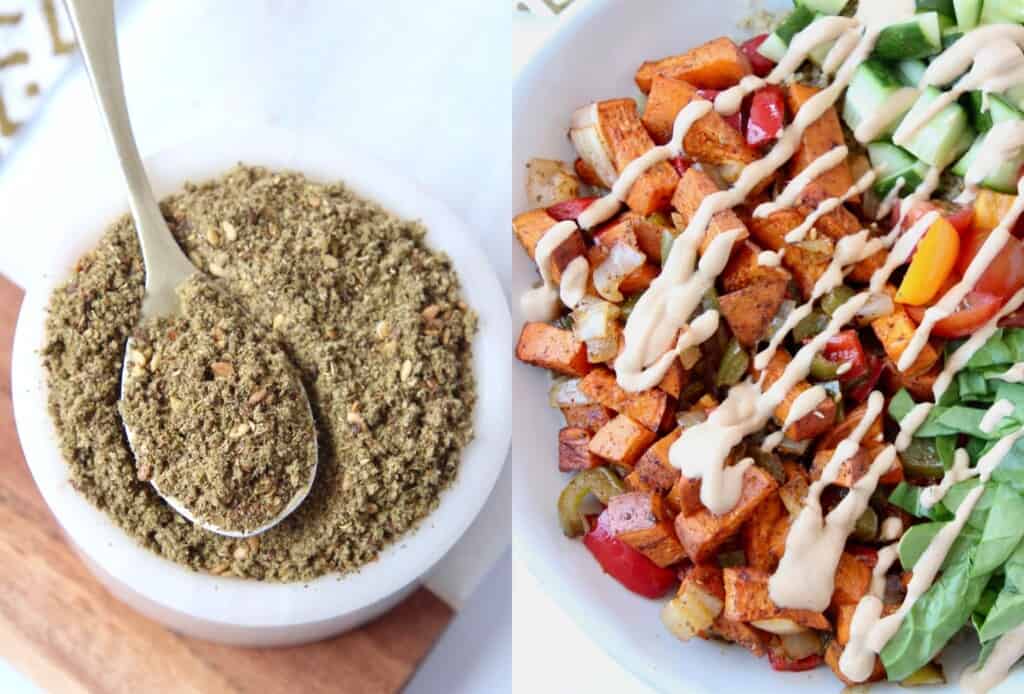zaatar in a small bowl and roasted vegetables in another bowl