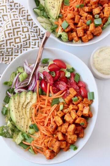 Vegan Crispy Baked Buffalo Tofu Salad - Bowls Are The New Plates