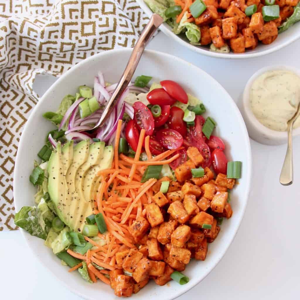 Vegan Crispy Baked Buffalo Tofu Salad - Bowls Are The New Plates