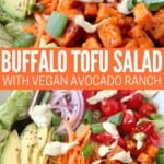 buffalo tofu cubes on top of salad in bowl with avocado, tomato, onion and avocado ranch dressing drizzle