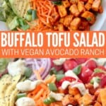 salad in bowl topped with buffalo tofu cubes, carrots, tomatoes and avocado