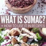 collage of images showing sumac in spoon and on chicken shawarma salad