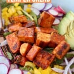 salad in bowl topped with cubes of buffalo tempeh
