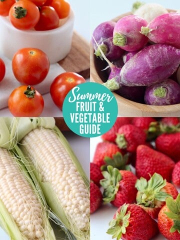 collage of images with summer fruits and vegetables