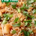 shrimp pad thai in white bowl topped with green onions