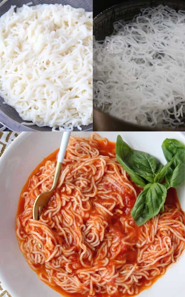 collage of images showing how to cook shirataki noodles