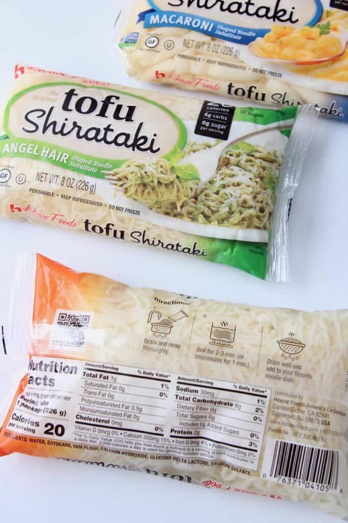 bags of tofu shirataki noodles with nutrition label showing
