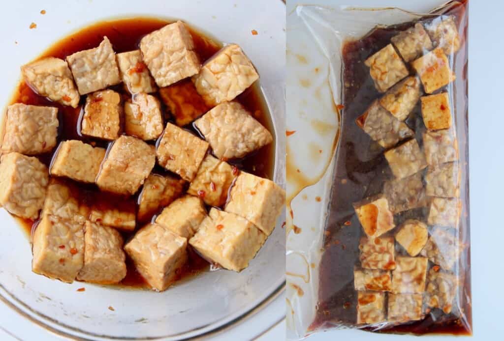 cubes of tempeh in Asian style marinade in bowl and plastic bag