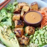 cooked tempeh in bowl with vegetables and peanut sauce