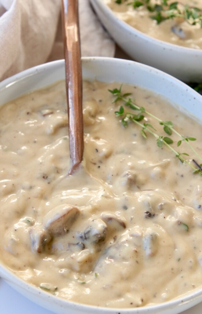 cream of mushroom soup in bowl with spoon