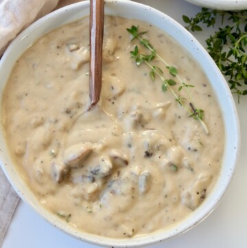 cream of mushroom soup in bowl with spoon