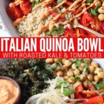 quinoa and roasted vegetables in bowl with sun dried tomato sauce
