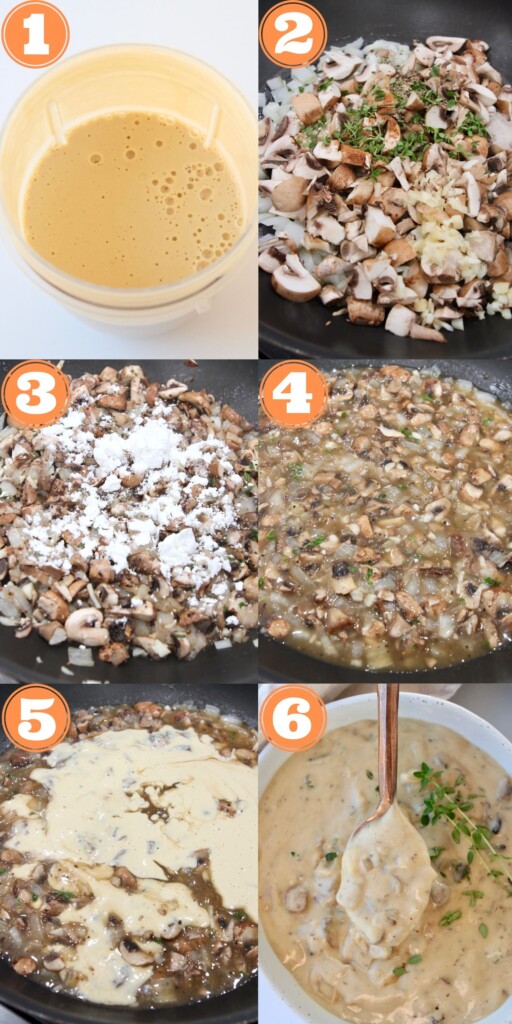 collage of instructional images showing how to make vegan cream of mushroom soup