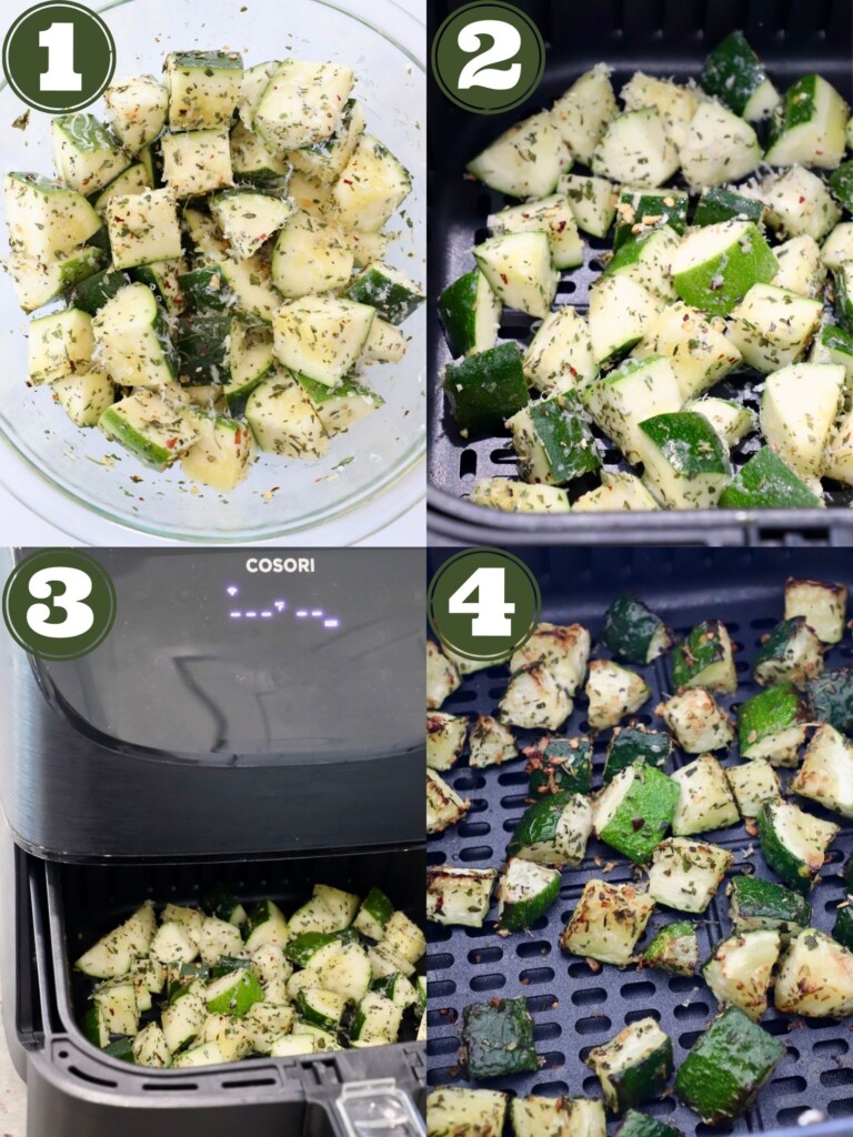 collage of images showing how to make air fryer zucchini