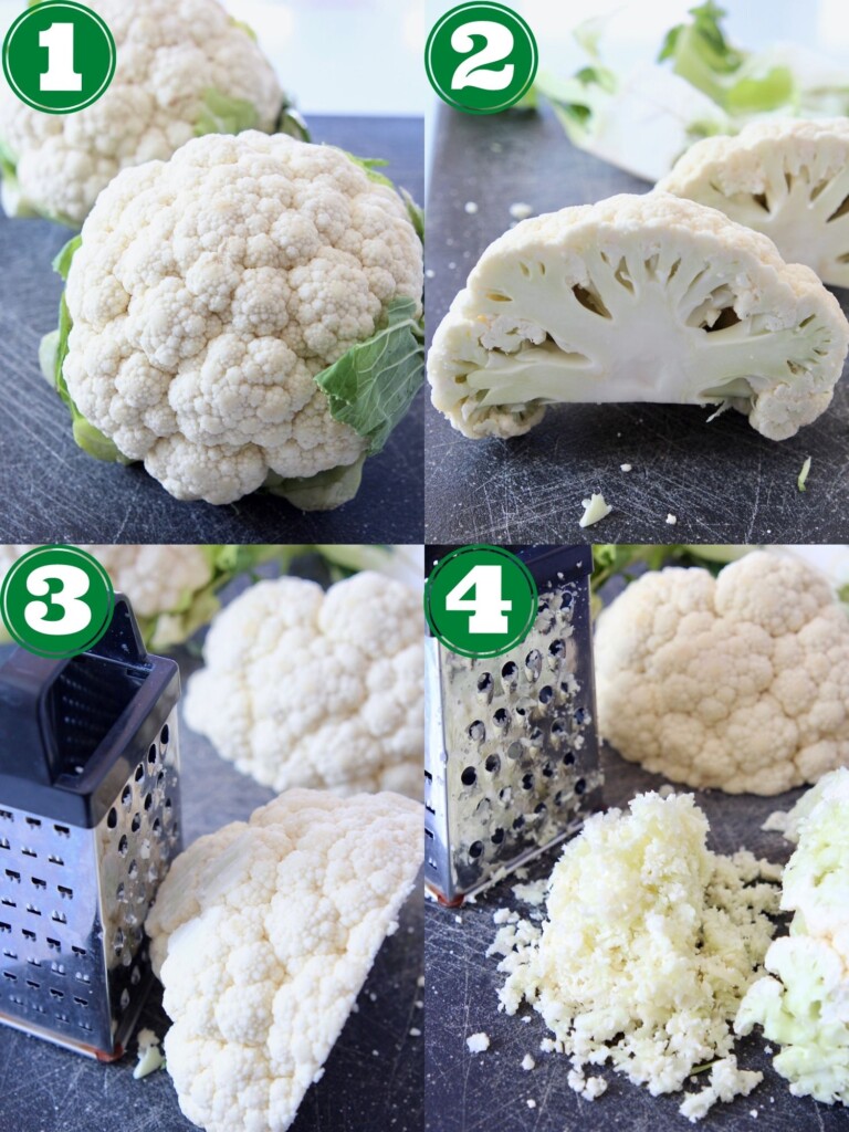 collage of images showing how to make cauliflower rice with a box grater