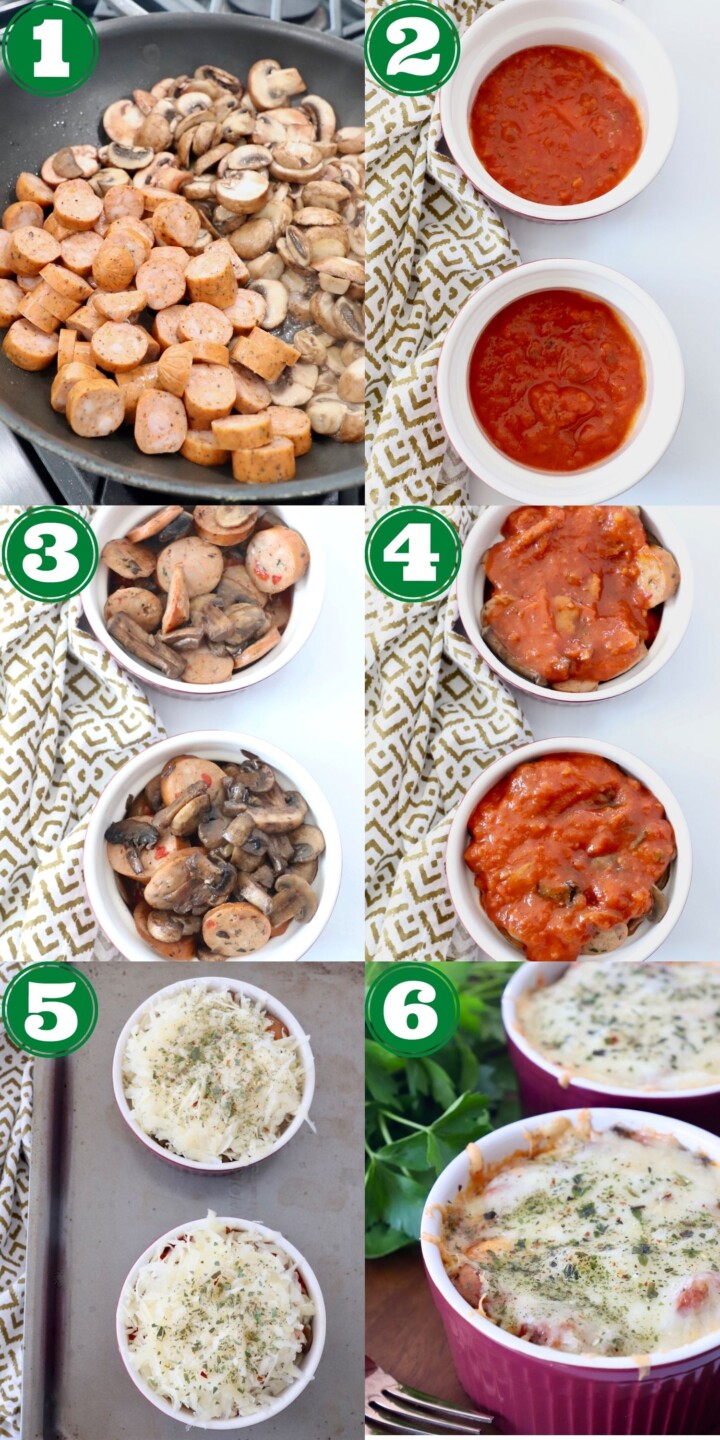 collage of images showing how to make crustless pizza bowls