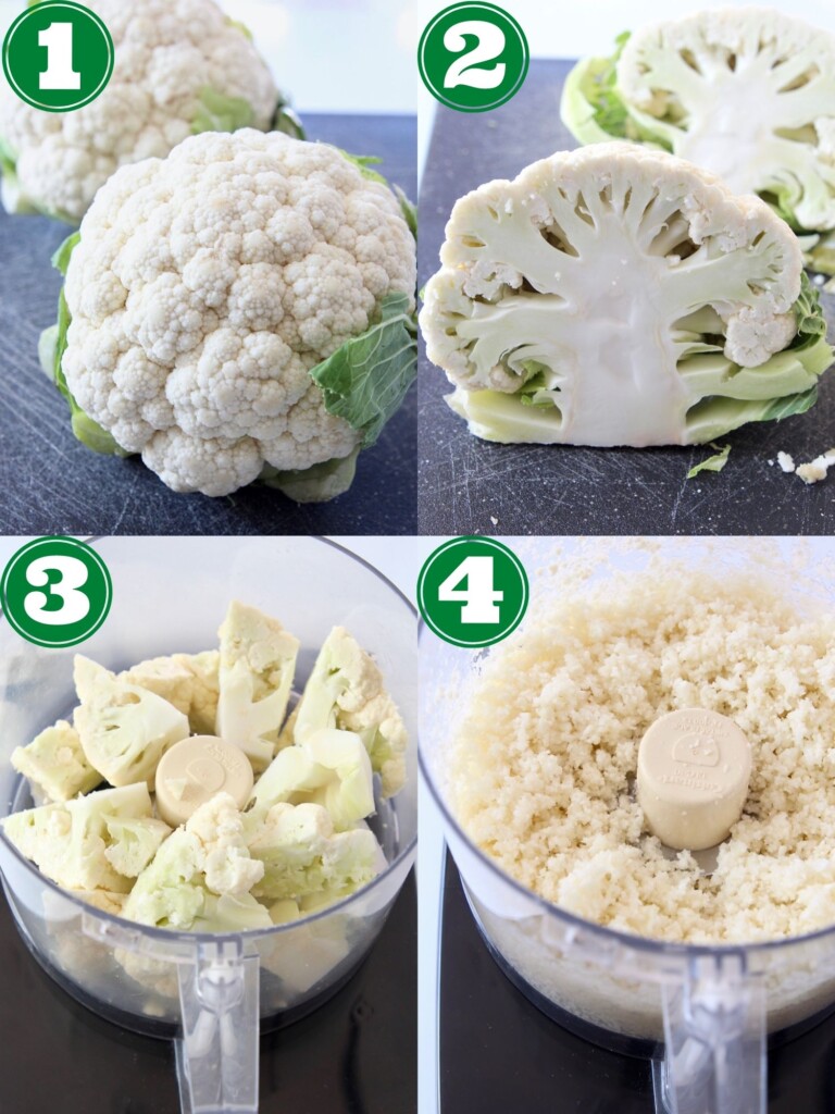 collage of images showing how to make cauliflower rice in a food processor