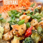 teriyaki chicken bowl with broccoli, bell pepper and green onions