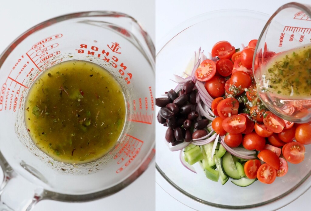 greek salad dressing in mixing bowl and being poured into bowl of salad