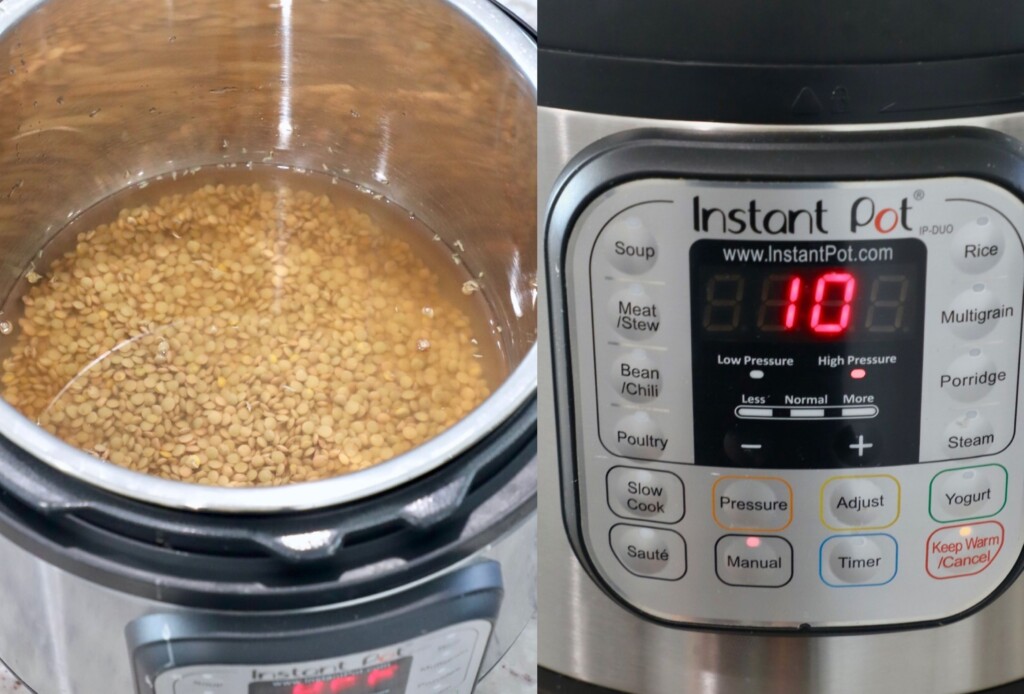 uncooked lentils with broth in Instant Pot