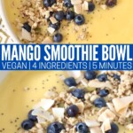 mango smoothie in white bowl with granola, coconut and blueberries on top