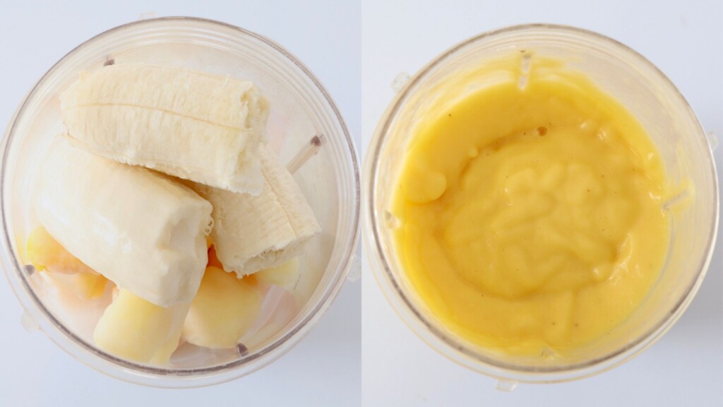 fruit in blender cut, then pureed in same blender cup