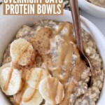 overnight oats topped with sliced banana and peanut butter in a bowl with a spoon