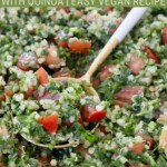 quinoa tabouli salad in bowl with gold and white spoon