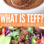 uncooked teff grains in bowl with spoon and cooked in meatless crumble taco bowl