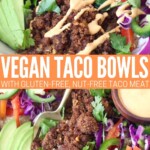 vegan taco meat crumbles in bowl with vegetables and chipotle sauce
