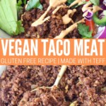 vegan taco meat made from teff in bowl with spoon and in bowl with vegetables and chipotle sauce