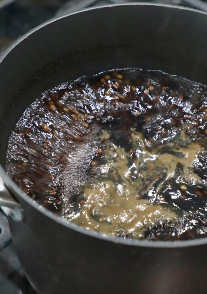 black lentils cooking in saucepan on stovetop