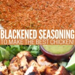 blackened seasoning blend in bowl with spoon and cooked diced blackened chicken in bowl with vegetables