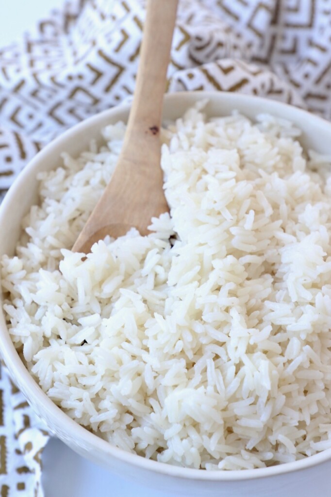 coconut rice in bowl with spoon