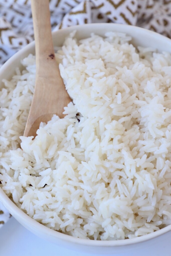 coconut rice in bowl with spoon