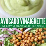 avocado dressing in bowl with small spoon and tossed with chickpea kale salad in bowl