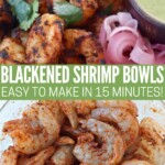 cooked blackened shrimp in bowl and raw shrimp tossed with seasonings in glass bowl