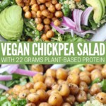 roasted chickpeas on salad in bowl with sliced avocado, red onions and a fork