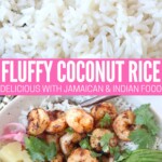 coconut rice in bowl with spoon and in bowl topped with cooked shrimp