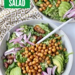 bowls of salad topped with roasted chickpeas and sliced avocado