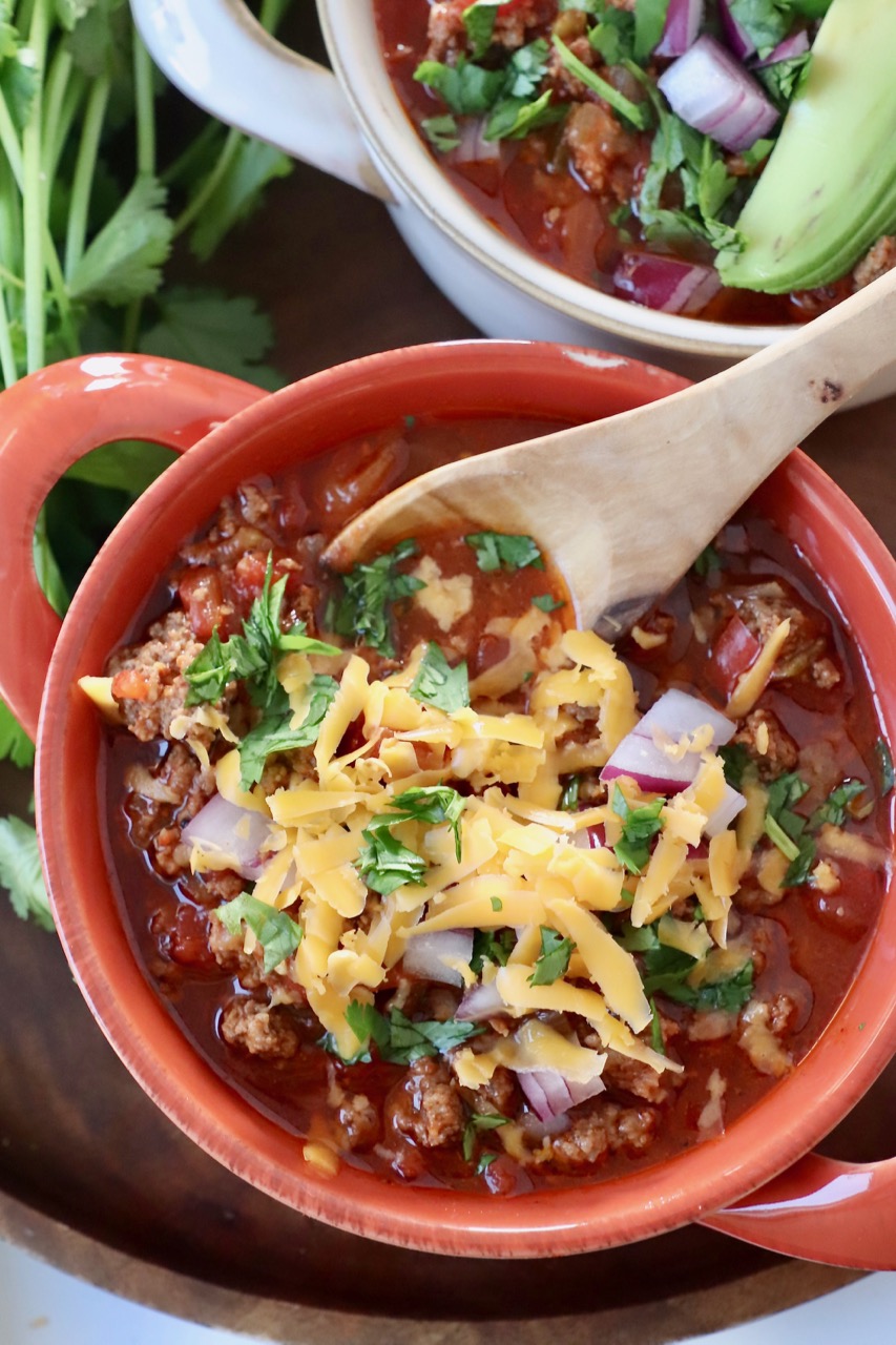 chili in bowl with spoon