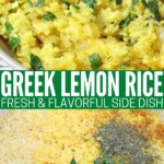cooked lemon rice in bowl and uncooked lemon rice in pot with herbs and spices