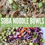 Cooked soba noodles in bowl with sesame sauce and vegetables