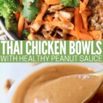 grilled diced chicken in bowl with brown rice and vegetables, and peanut sauce in bowl with spoon