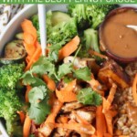 grilled diced chicken in bowl with brown rice, vegetables and small bowl of peanut sauce