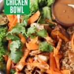 grilled diced chicken in bowl with brown rice, vegetables and small bowl of peanut sauce