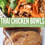 grilled diced chicken in bowl with brown rice and vegetables, and raw chicken in marinade in large zipper bag