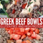 ground beef in skillet with tomatoes and spices and cooked in a bowl with lemon tahini sauce and vegetables
